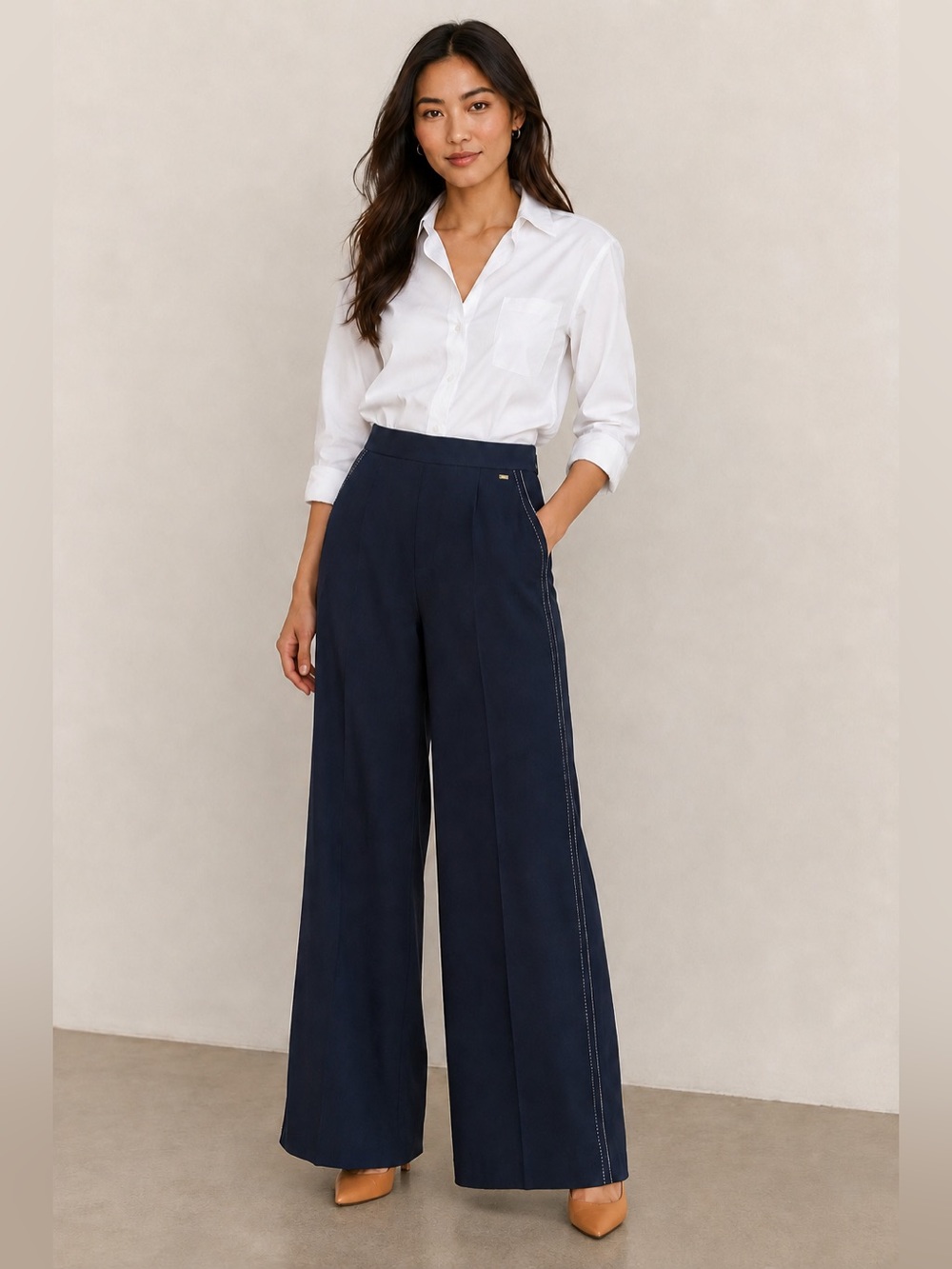 Escada Wool Trousers Women’s 34 Navy Wide Leg Pleated Contrast Stitch Work Pants